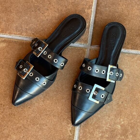 Schutz "Penny Flats" Black Buckle Mules with Silver Hardware, Pointy Toes size 6 - Picture 10 of 15